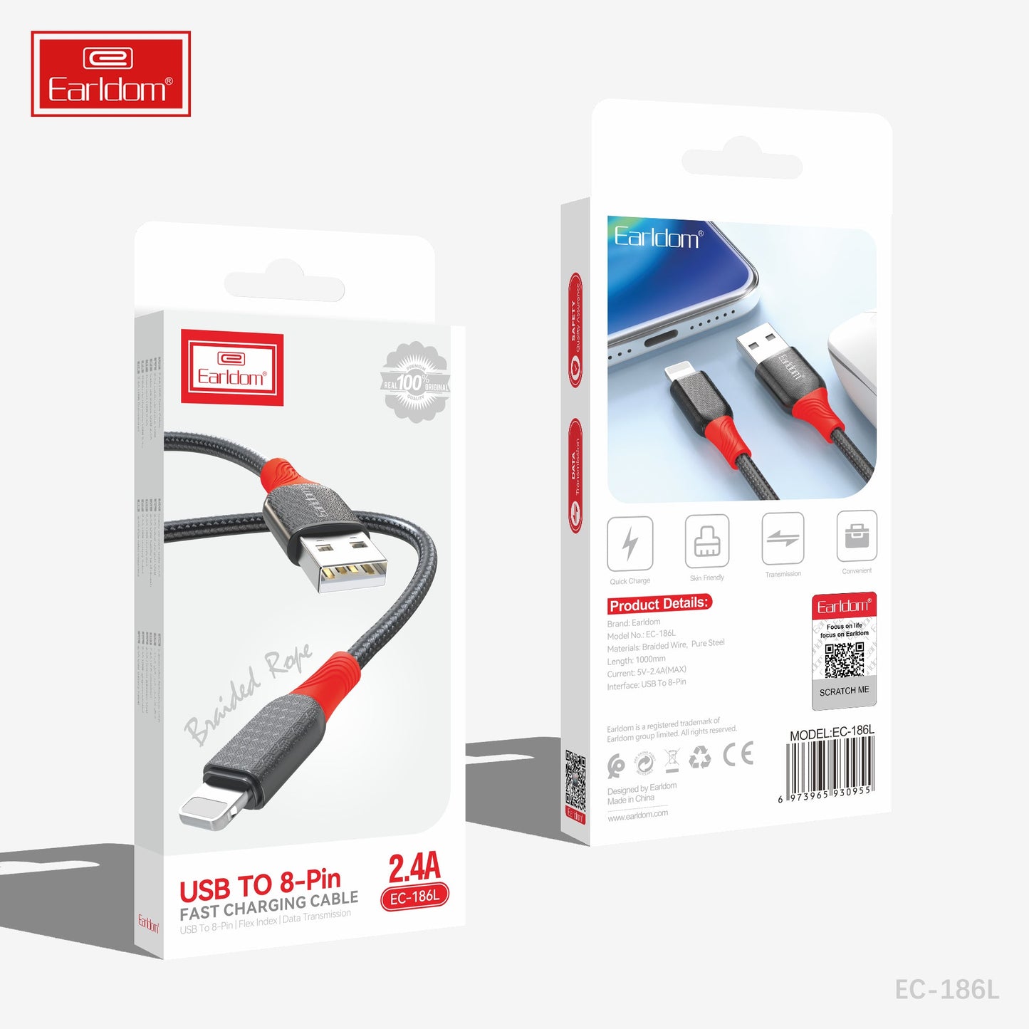 Earldom USB To 8-Pin Fast Charging Cable 2.4A EC-186L (lightning) 1 METER Black