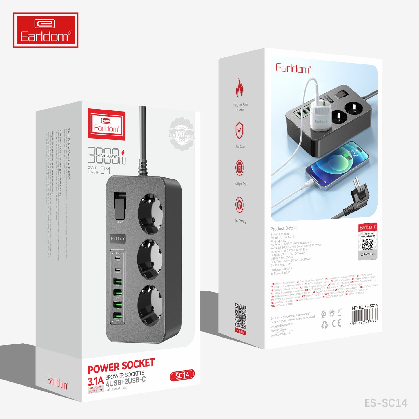 Prise multiprise Earldom 6 en 1 3000 W SC13 Blanche