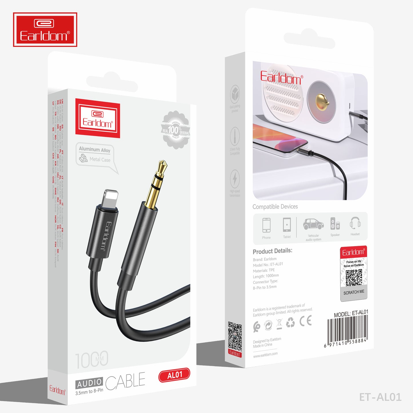 Câble audio Earldom 3,5 mm vers USB-C 1000 mm AC01 Noir