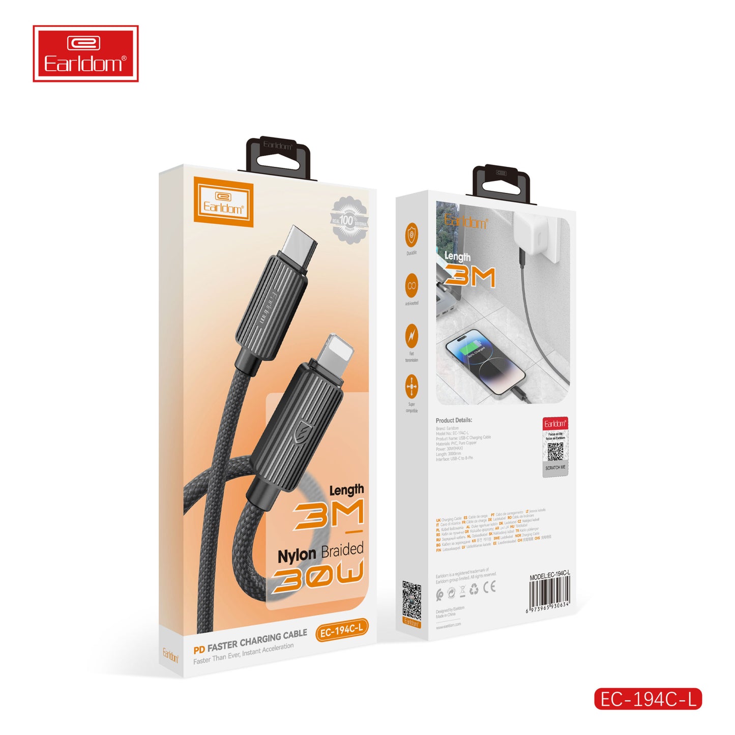 Câble de charge rapide Earldom USB vers 8 broches 2,4 A EC-186L (Lightning) 1 mètre Noir