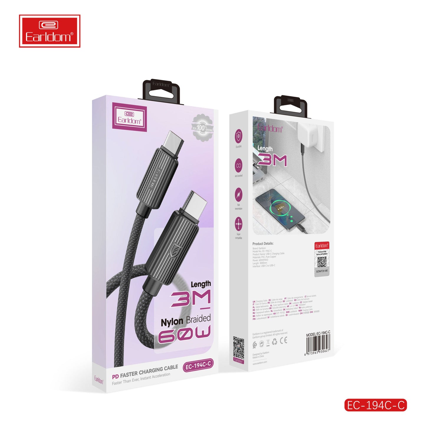 Earldom PD Faster Charging Cable EC-194 C-C(type c-type c) 3 METERBlack