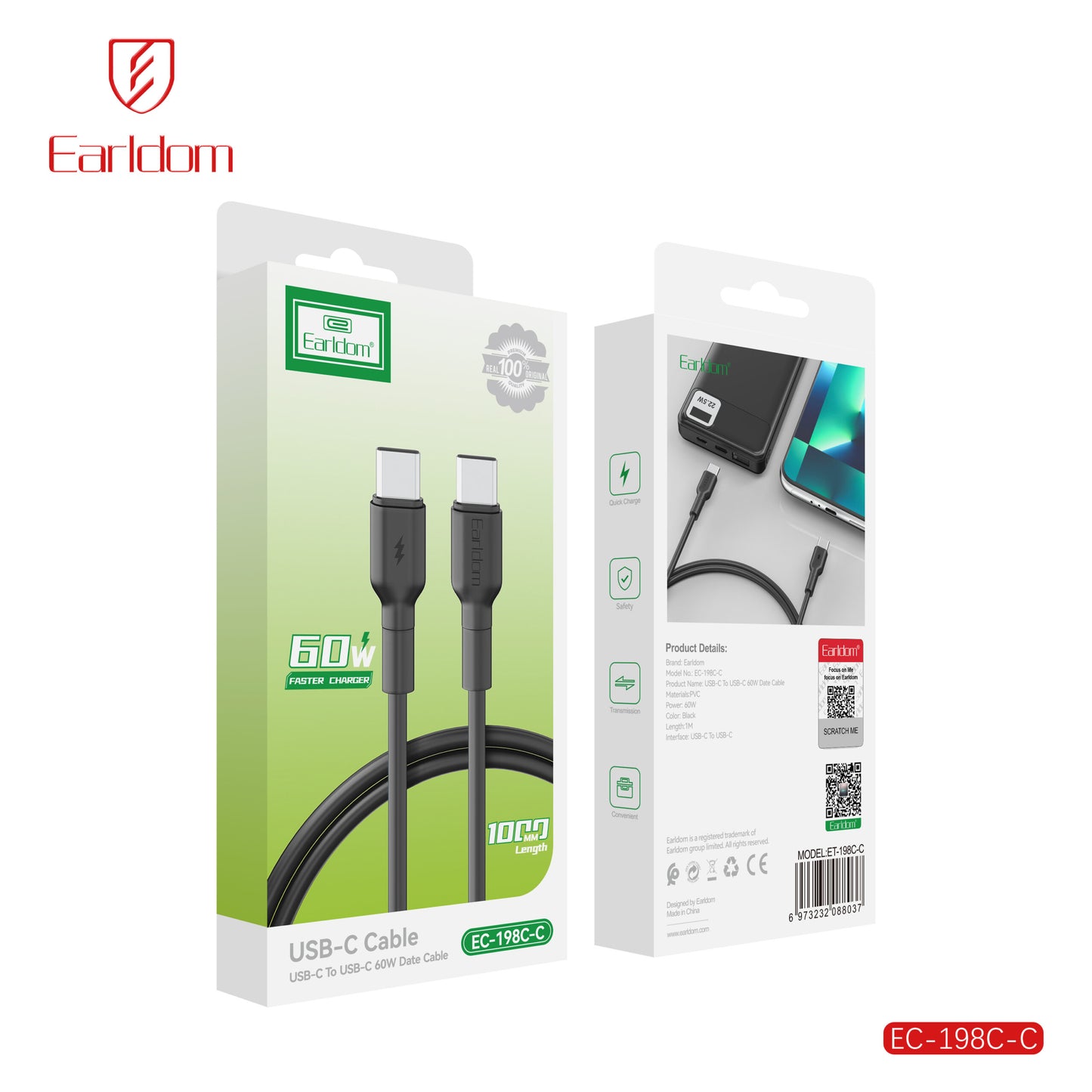 Câble de données Earldom USB-C vers 8 broches 30 W EC-198 CL (type C-Lightning) 1 mètre Blanc