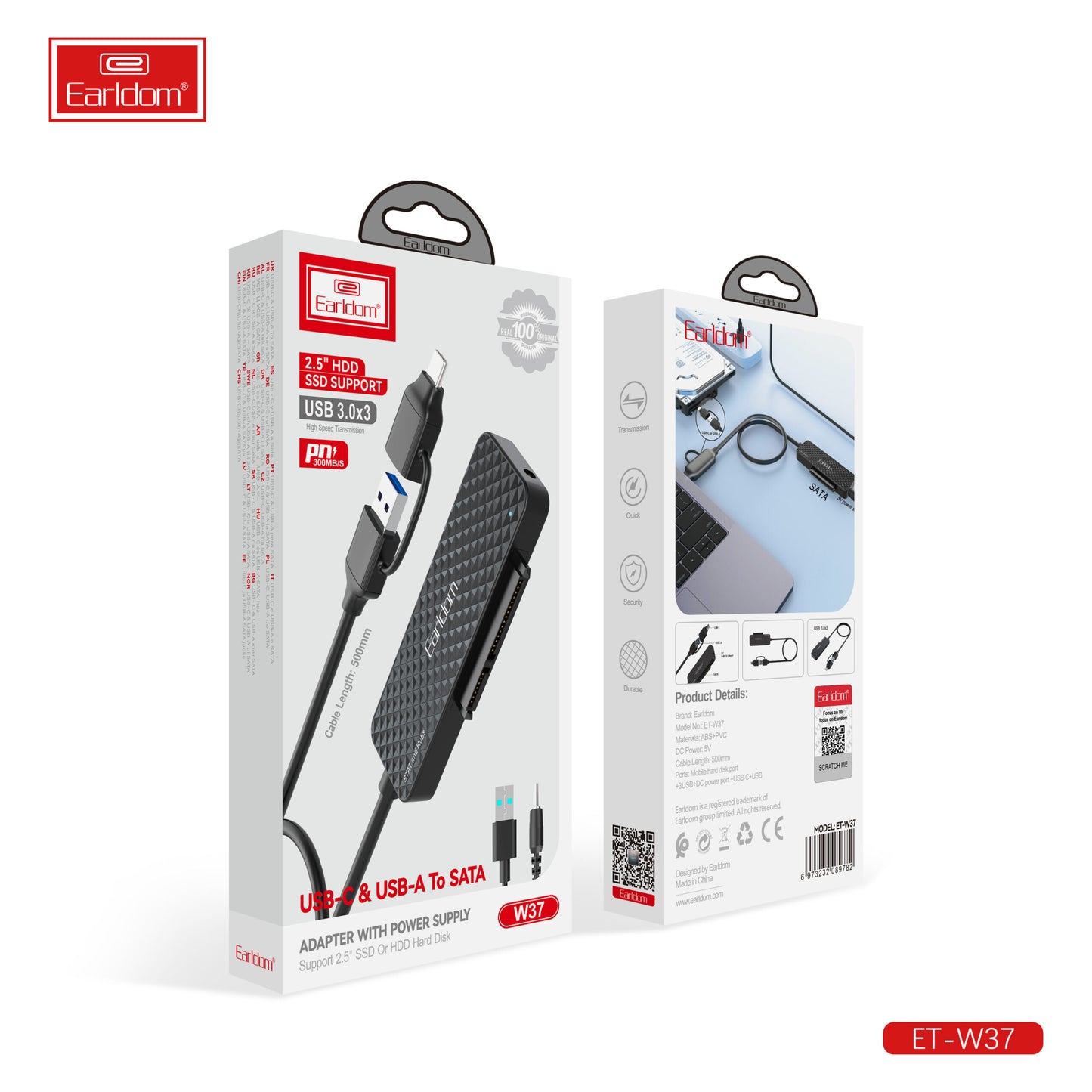 Adaptateur Earldom USB-C et USB 3.0 vers SATA avec alimentation W36 Noir