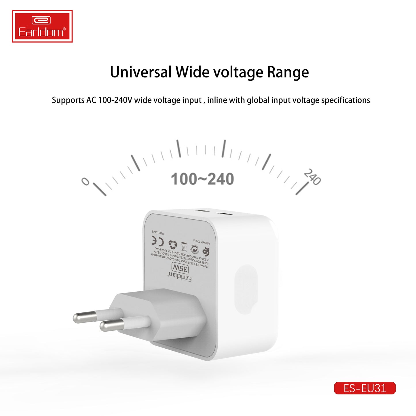Chargeur de voyage rapide Earldom 21A EU27 sans câble blanc