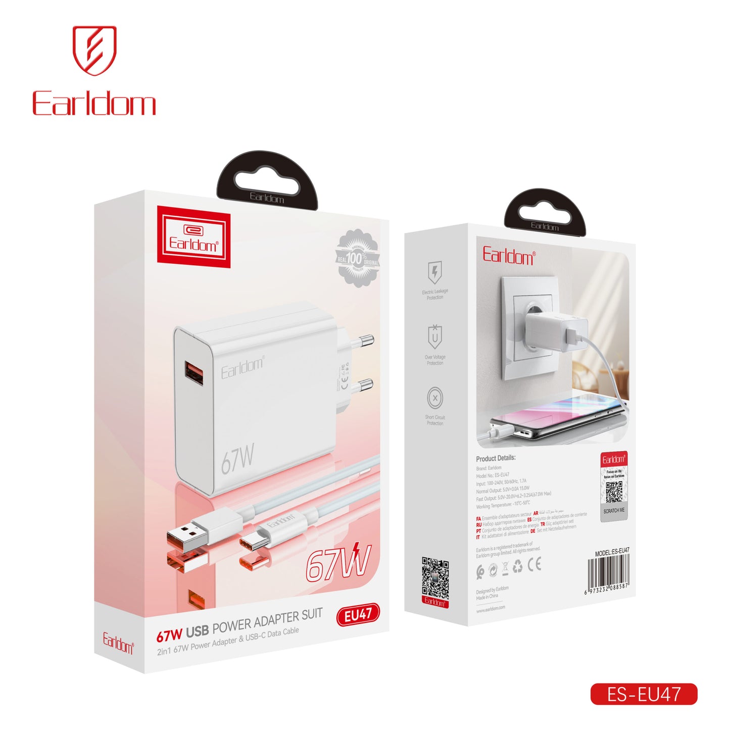 Adaptateur secteur USB-C Earldom PD20W EU42 sans câble blanc