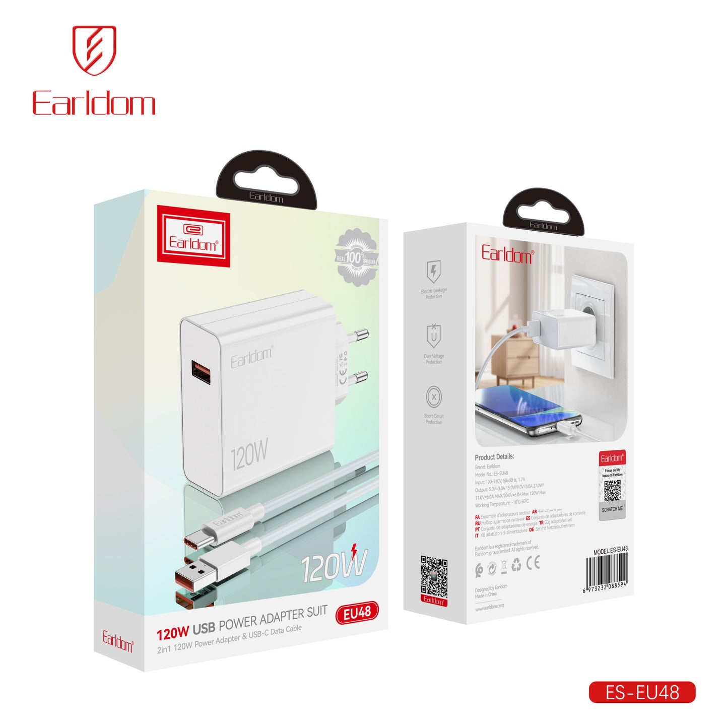 Ensemble adaptateur secteur USB Earldom 67 W 2 en 1 (adaptateur secteur et câble de données USB-C) EU47C Blanc