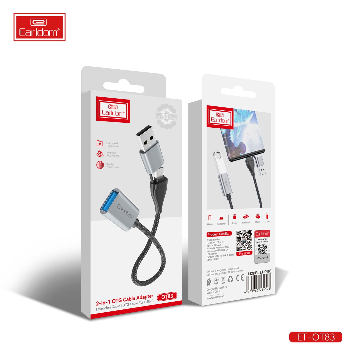 Lecteur de cartes Earldom 4-en-1 USB 3.0/USB-C 3.1 bilatéral haute vitesse OT82 Gris