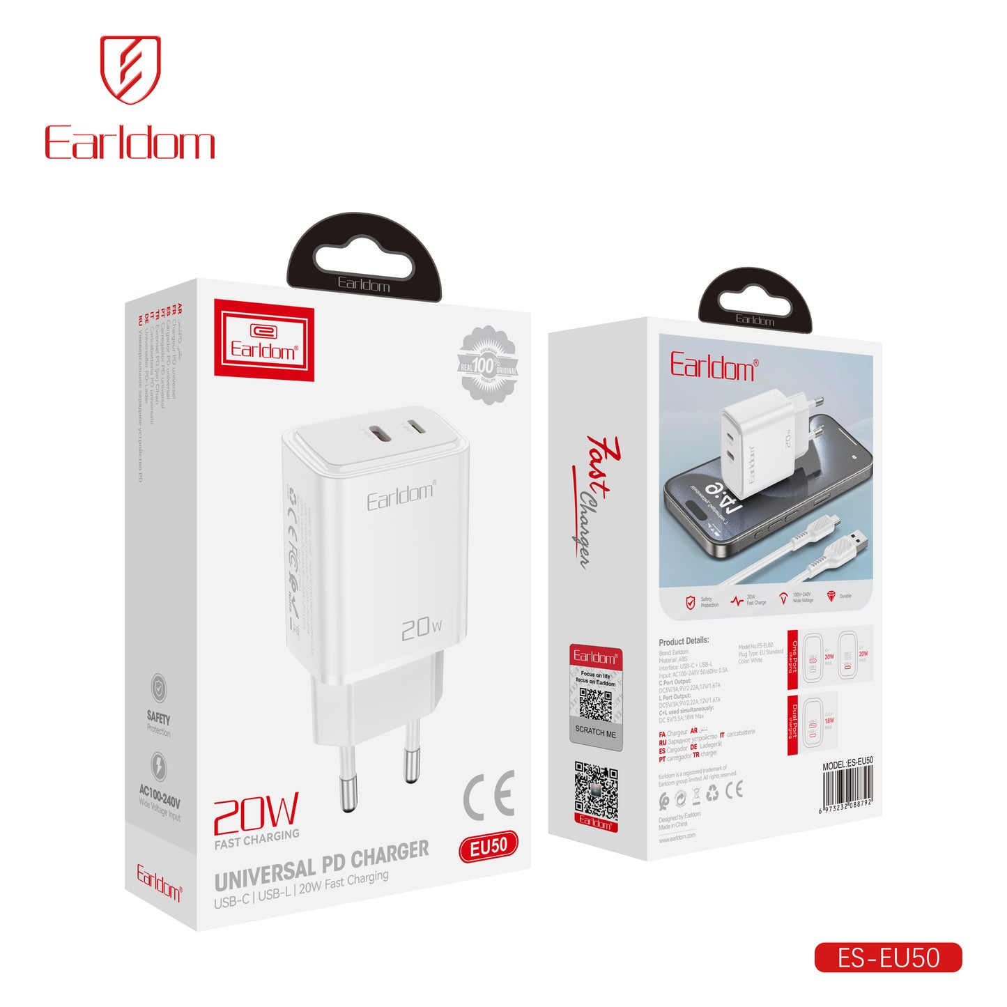 Earldom Universal PD Charger USB-C to USB-C Fast Charger White ES-EU50