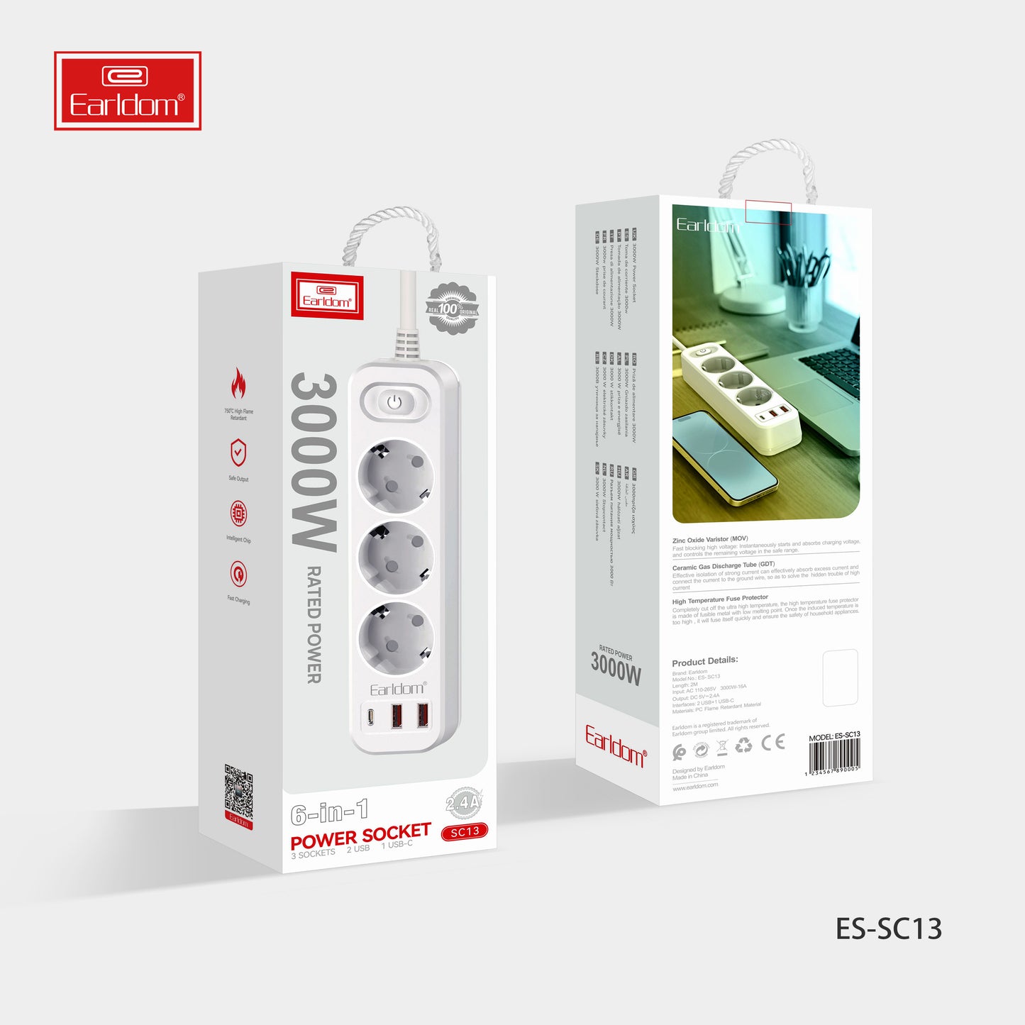 Earldom 3000W 6-in-1 Rated Power Socket White ES-SC13