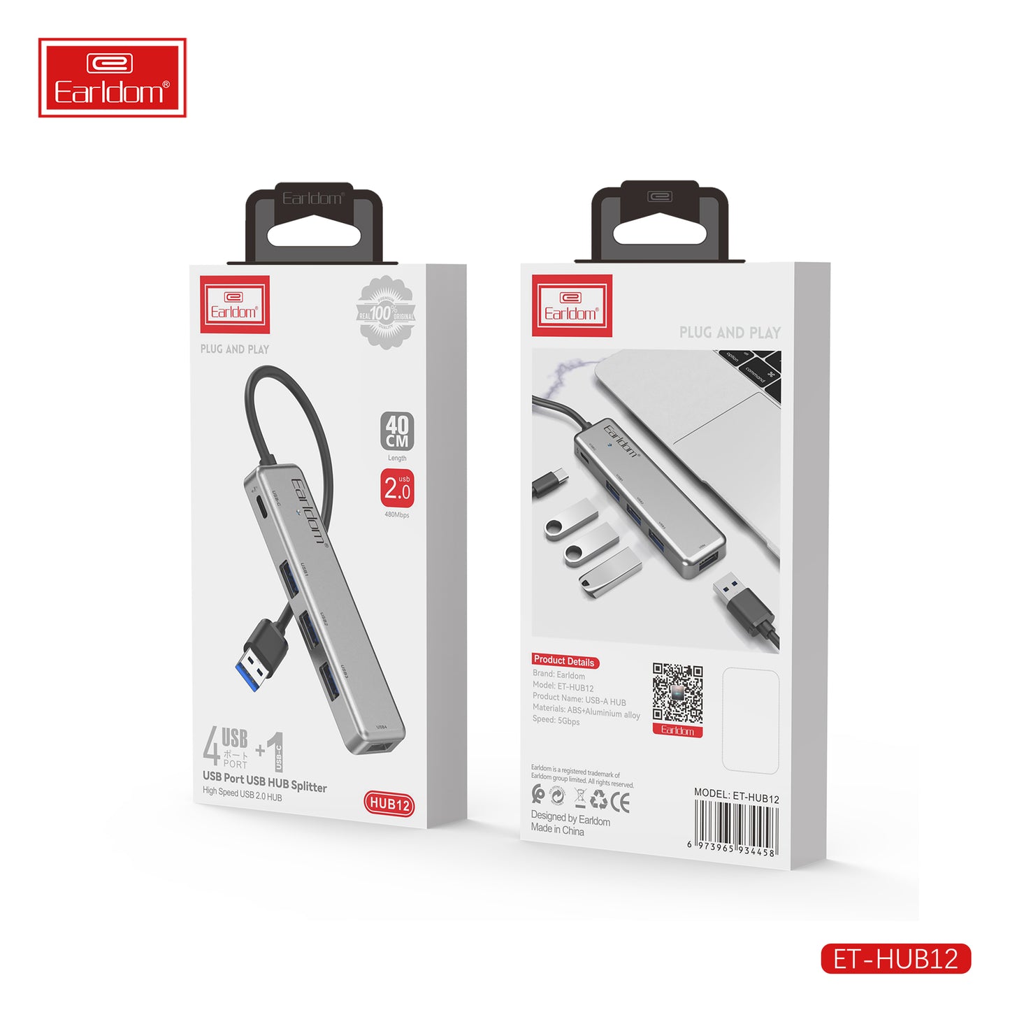 Répartiteur USB Earldom (4 ports USB + 1 port USB) 40 cm (2.0 subwoofer) 480 Mbps - Noir