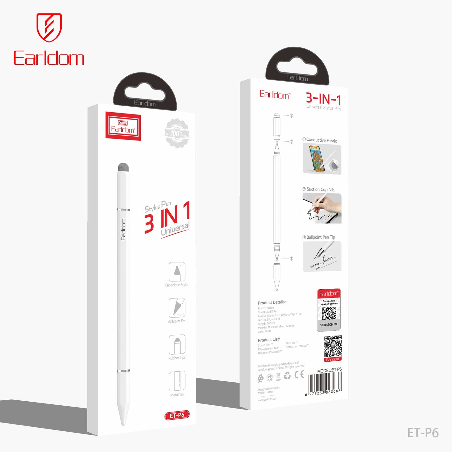 Earldom Style Touch pen 3 in 1 Universal P6 White