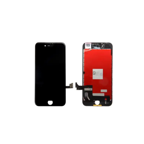iPhone LCD screen and digitizer replacement part, front and back view on white background