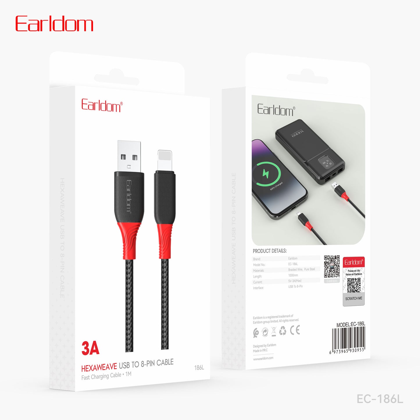 Earldom Hexaweave USB- to 8-Pin Cable Black EC-186L