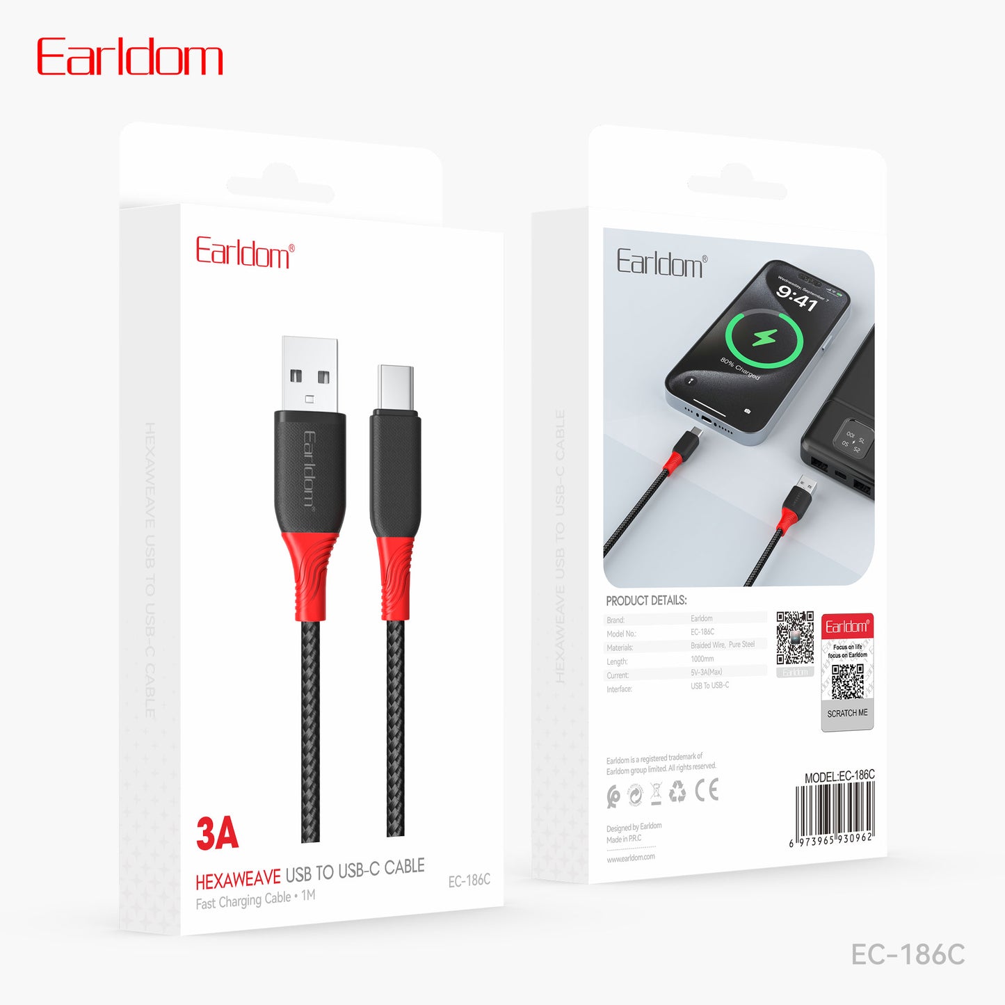 Earldom Hexaweave USB- to USB-C ast charging cable 3A Black EC-186C