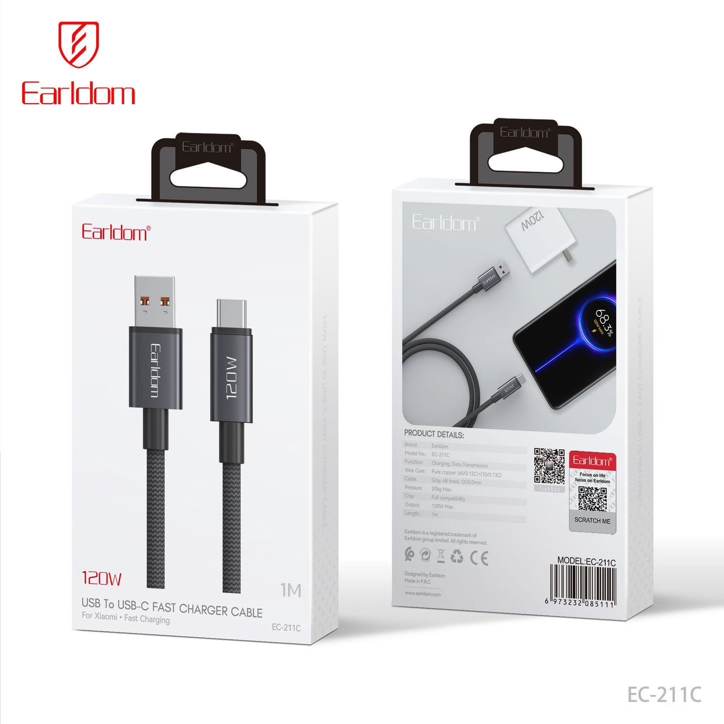 Earldom 120W USB to USB-C Fast Charger Cable Black EC-211C