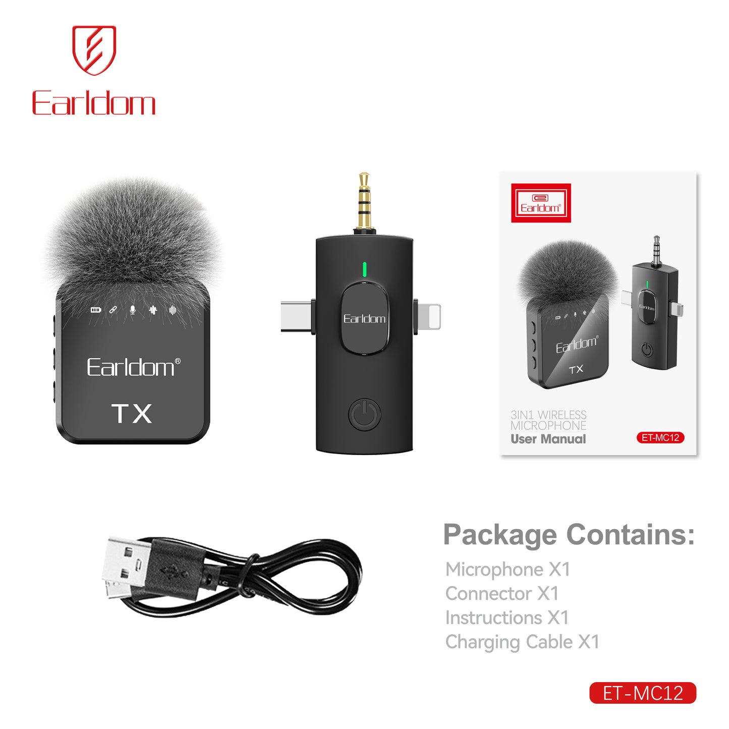 Earldom Collar Clip 3in1 Wireless Microphone Black ET-MC12