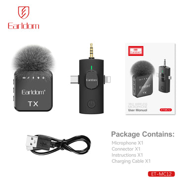 Earldom Collar Clip 3in1 Wireless Microphone Black ET-MC12