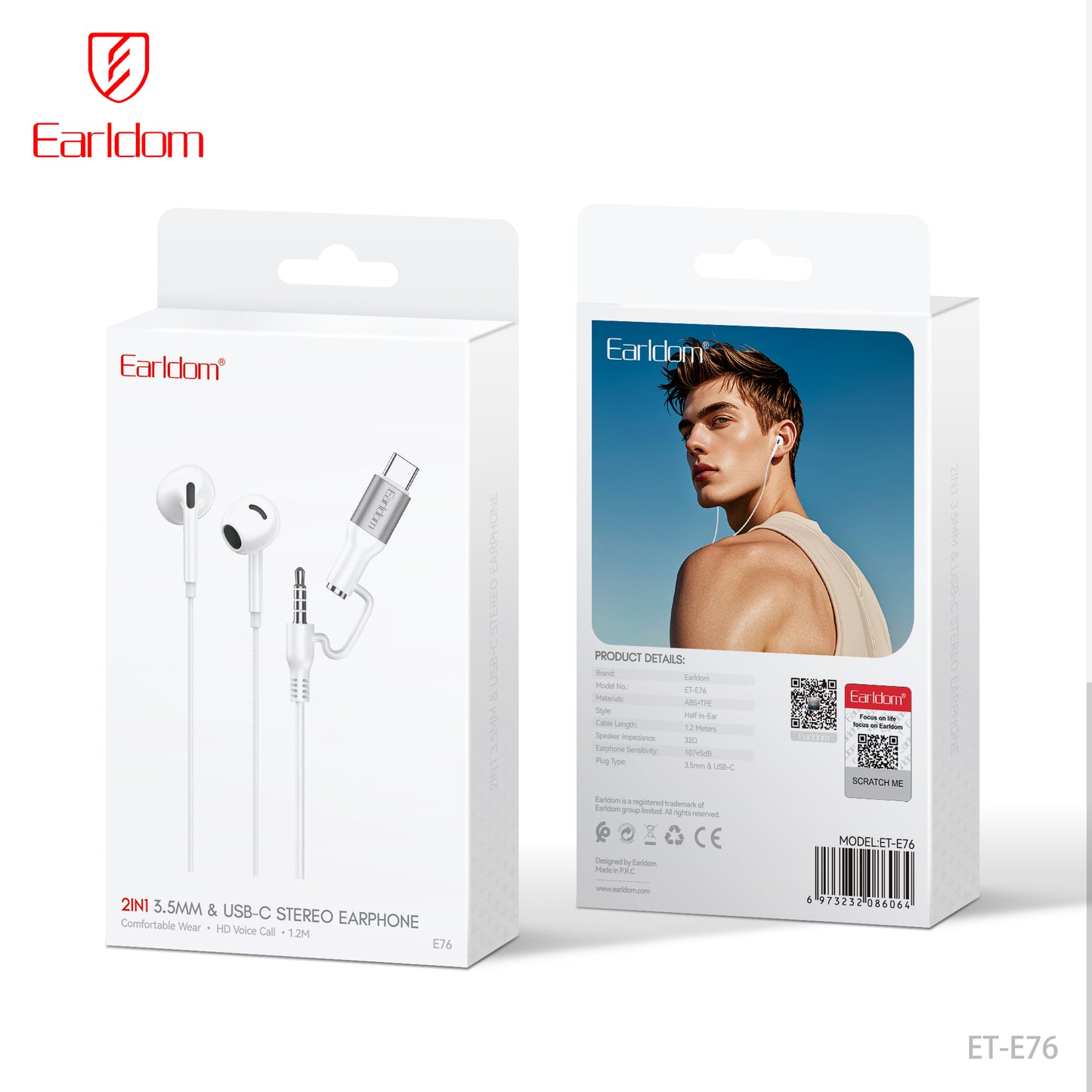 Earldom 2 in 1 3.5mm & USB-C Stereo Earphone White ET-E76
