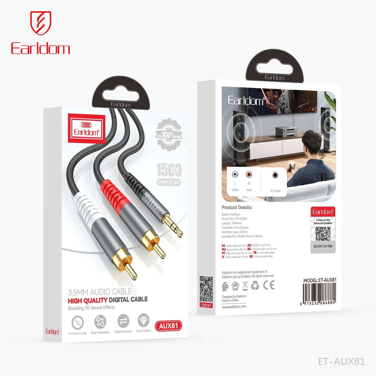 Earldom 3.5mm Audio Cable High Quality alumium alloy+nylon Black ET-AUX81