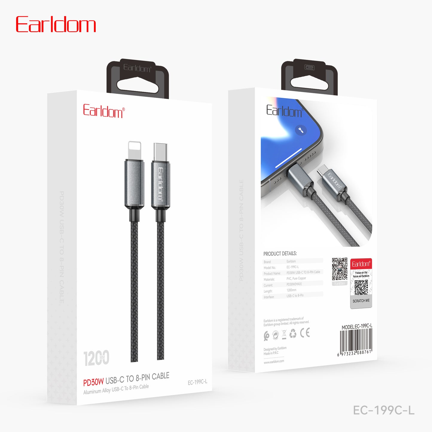 Earldom 30W aluminum alloy+nylon 8-Pin Data Cable Black EC-199C-L
