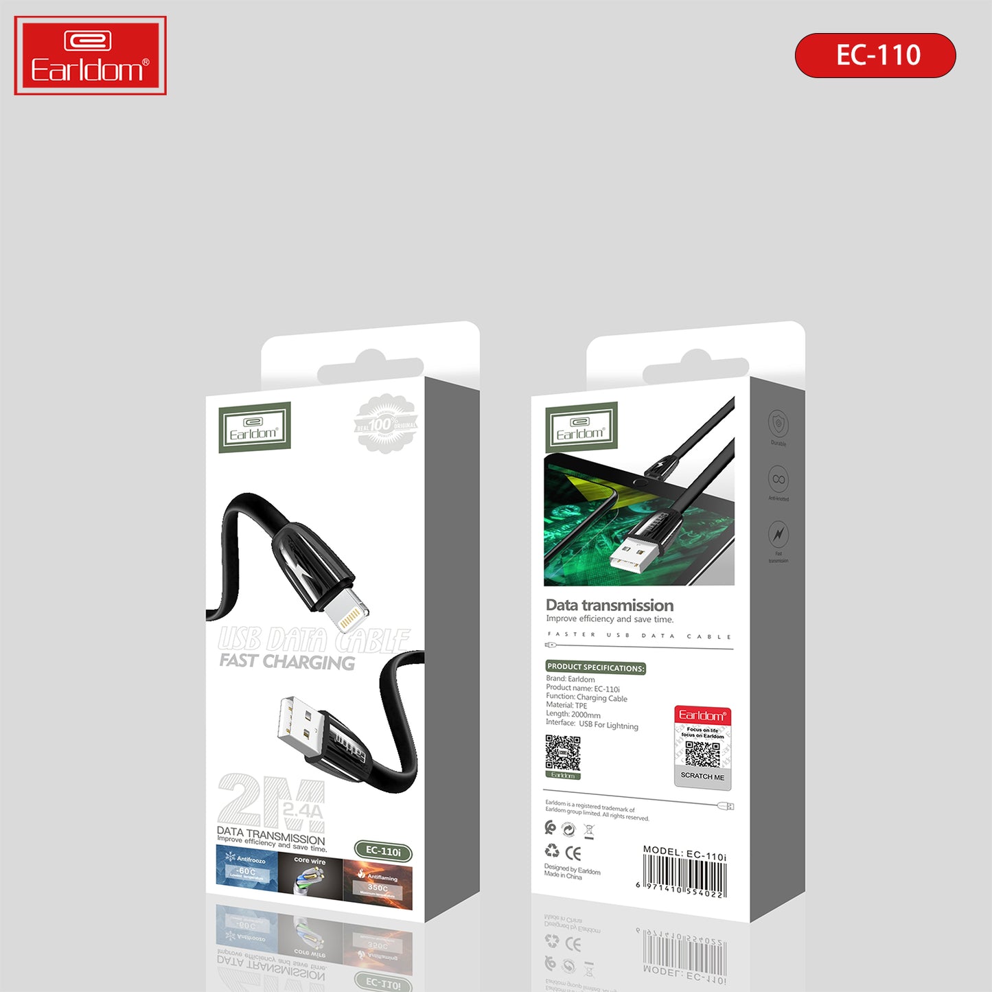 Câble de données USB Earldom à charge rapide EC-110C (type C) 2 mètres Blanc