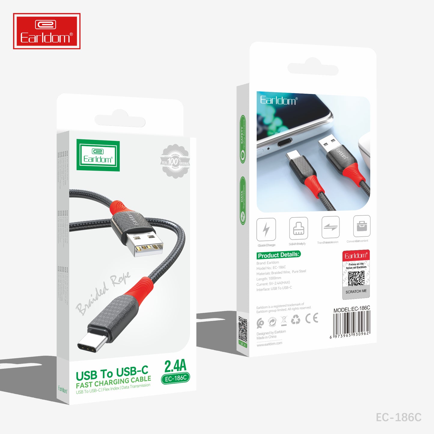 Câble de charge rapide Earldom USB vers USB-C 2,4 A Noir EC-186C