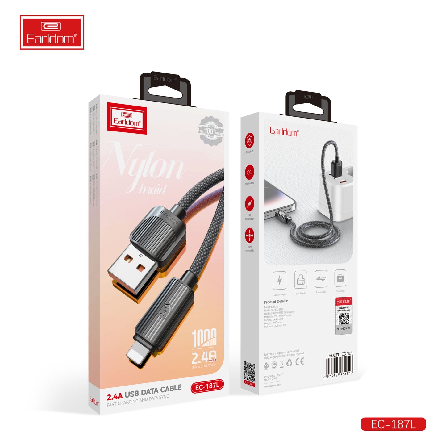 Câble de données USB Earldom 2,4 A noir 1000 mm EC-187L