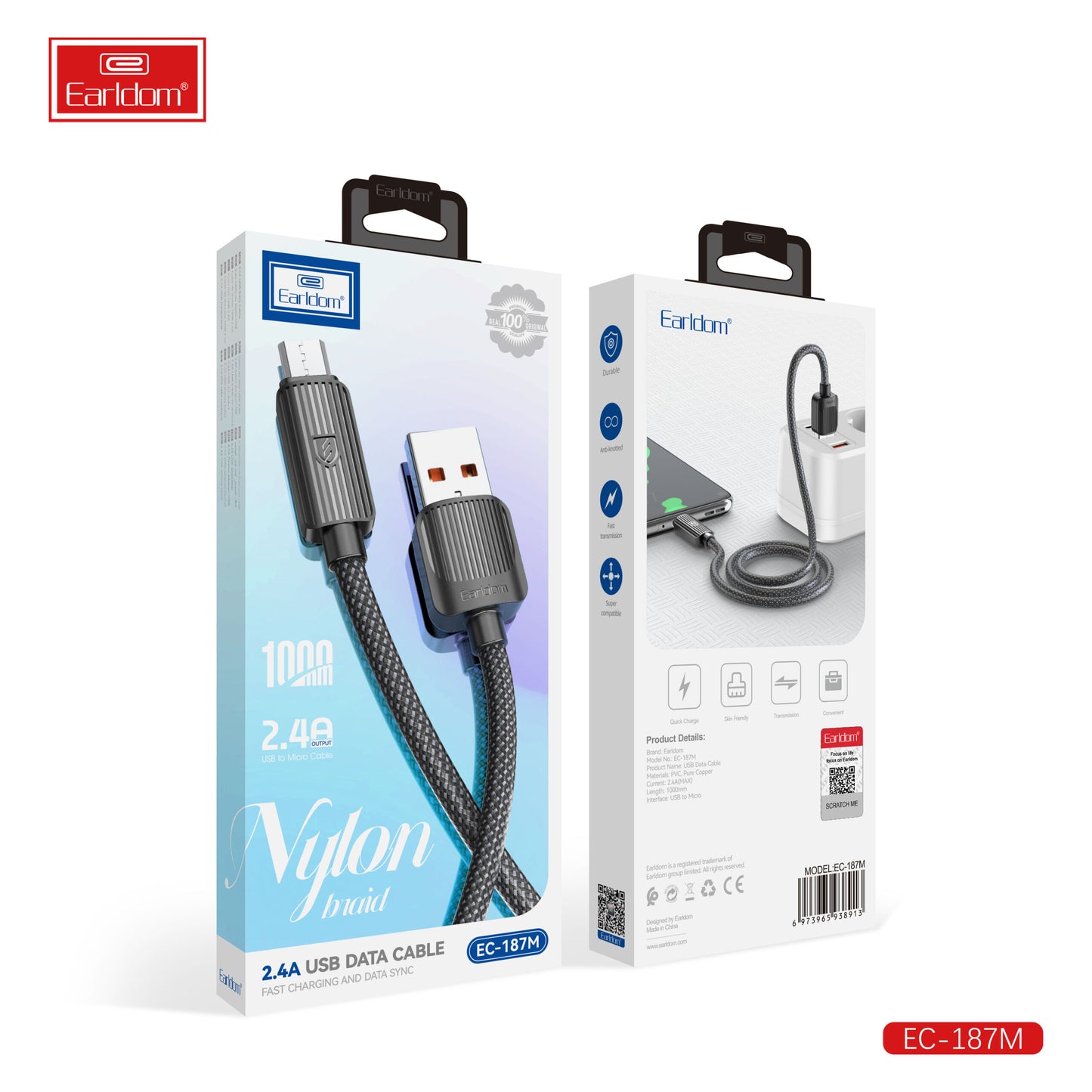 Câble de données USB Earldom 2,4 A, gaine en nylon tressé noir, 1000 mm, EC-187 m