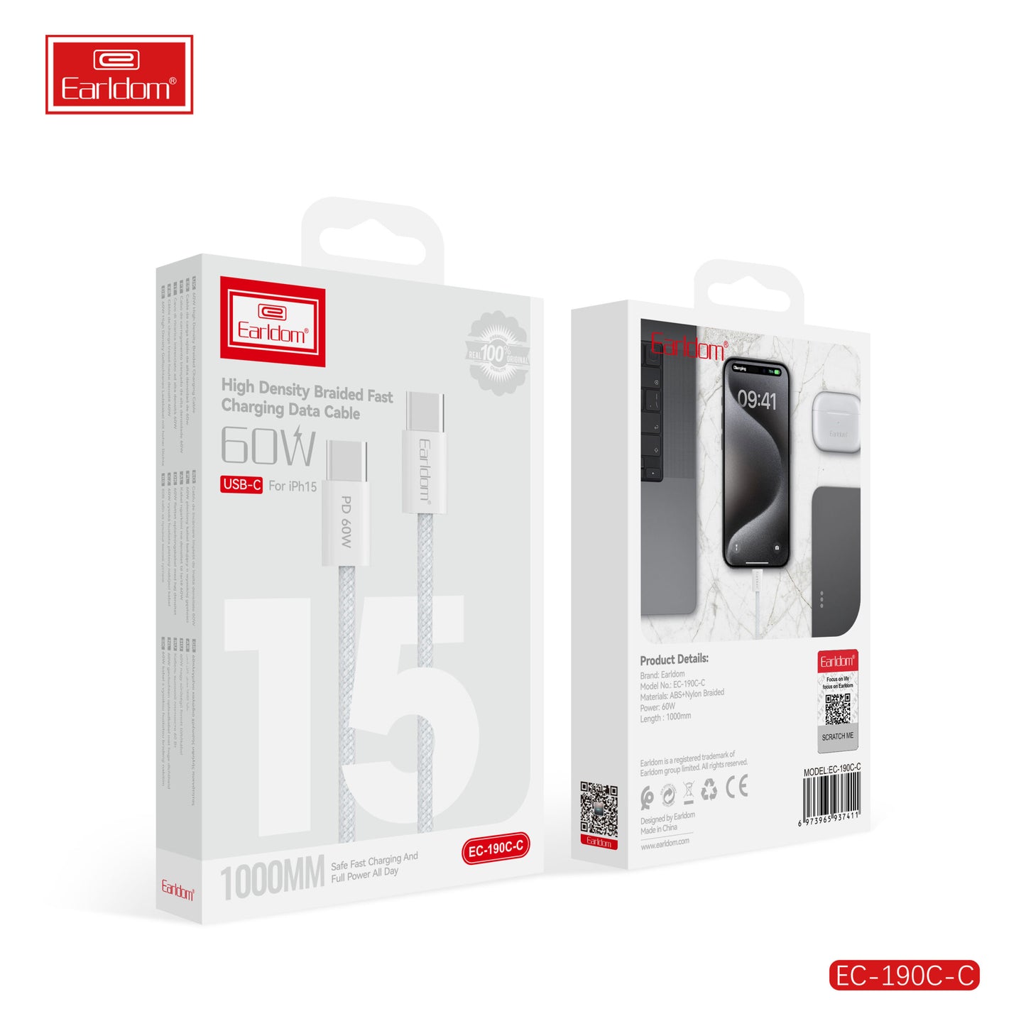 Câble de données tressé haute densité Earldom pour charge rapide 60 W Blanc EC-190 CC 1 mètre