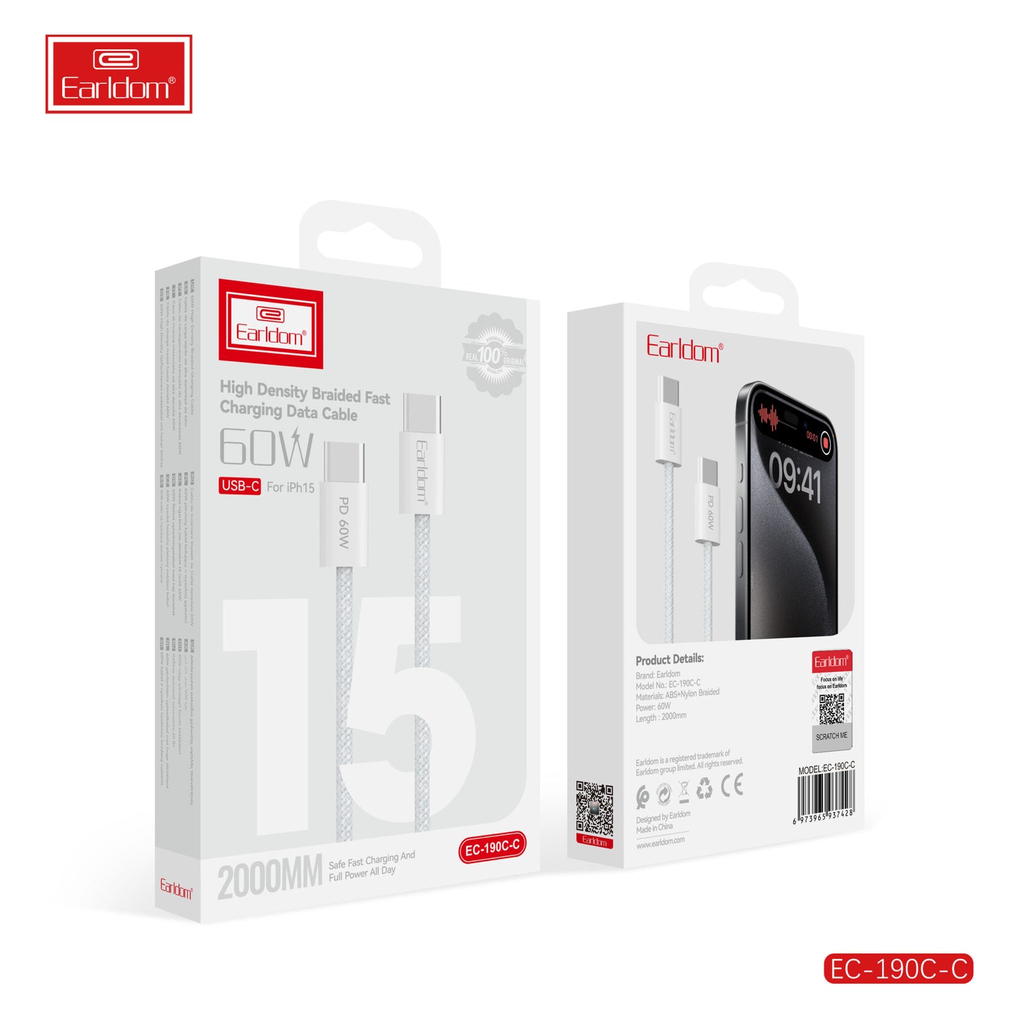 Câble de données tressé haute densité Earldom à charge rapide 60 W Blanc EC-190 CC 2 mètres