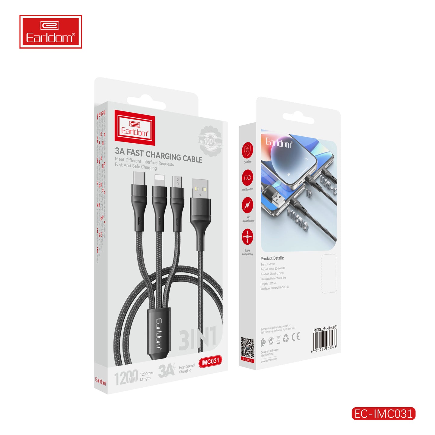 Câble de charge rapide Earldom 3A 3-en-1 1200 mm Noir IMC031