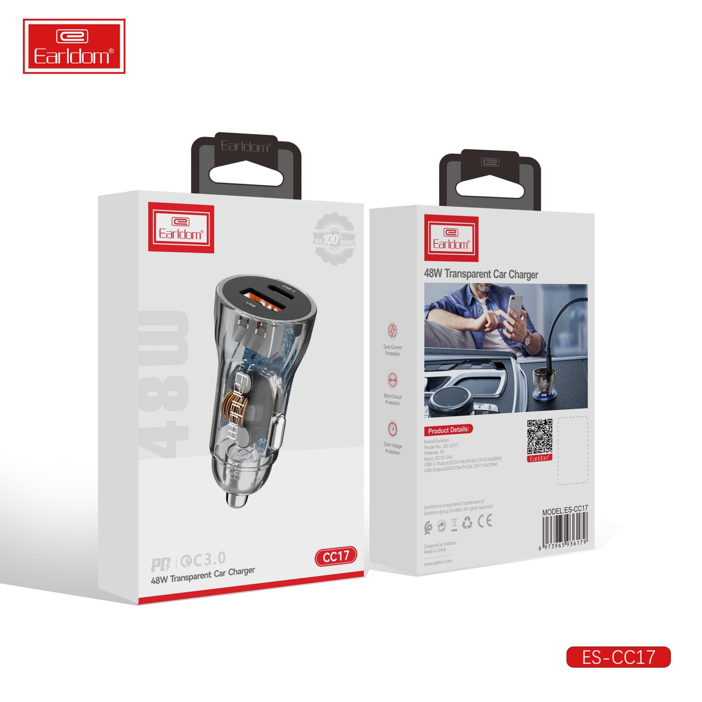 Chargeur de voiture transparent Earldom 48W noir sans câble CC17