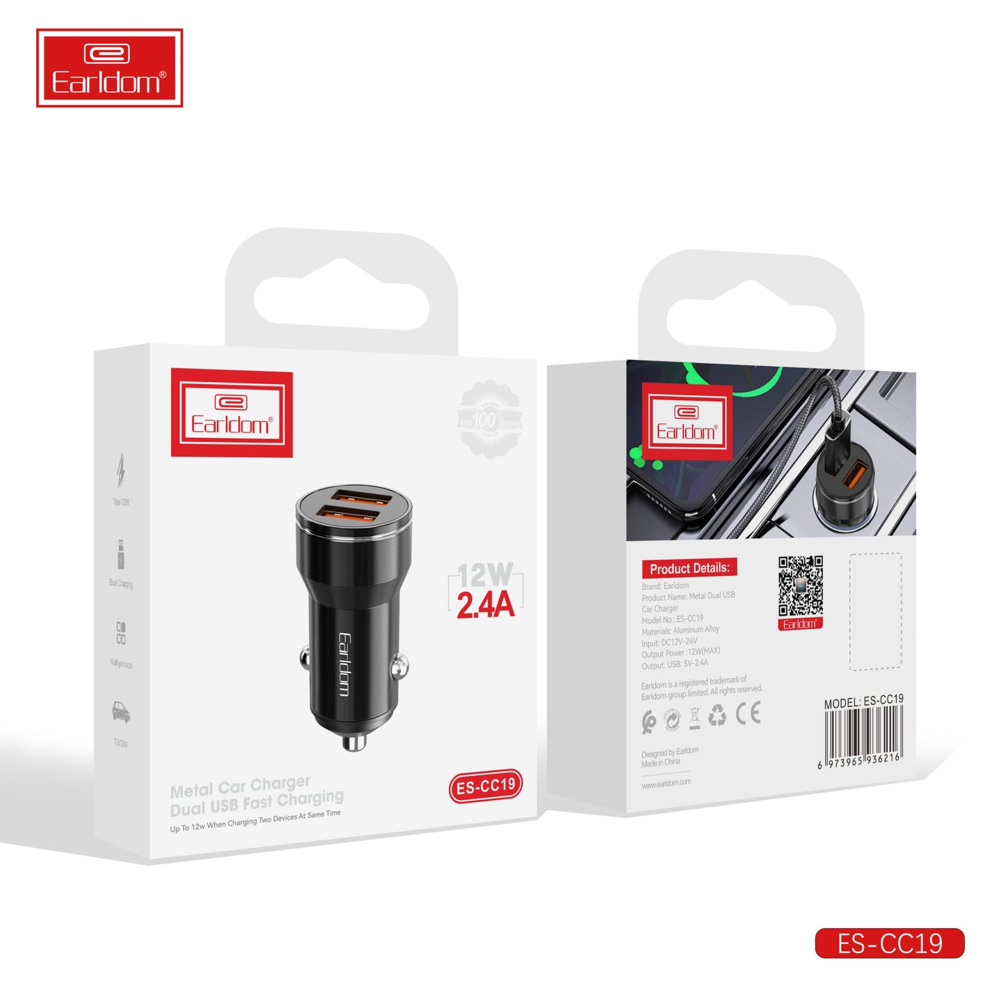 Chargeur de voiture Earldom en métal, double port USB, charge rapide, noir, sans câble, 12 W, 2,4 A, ES-CC19