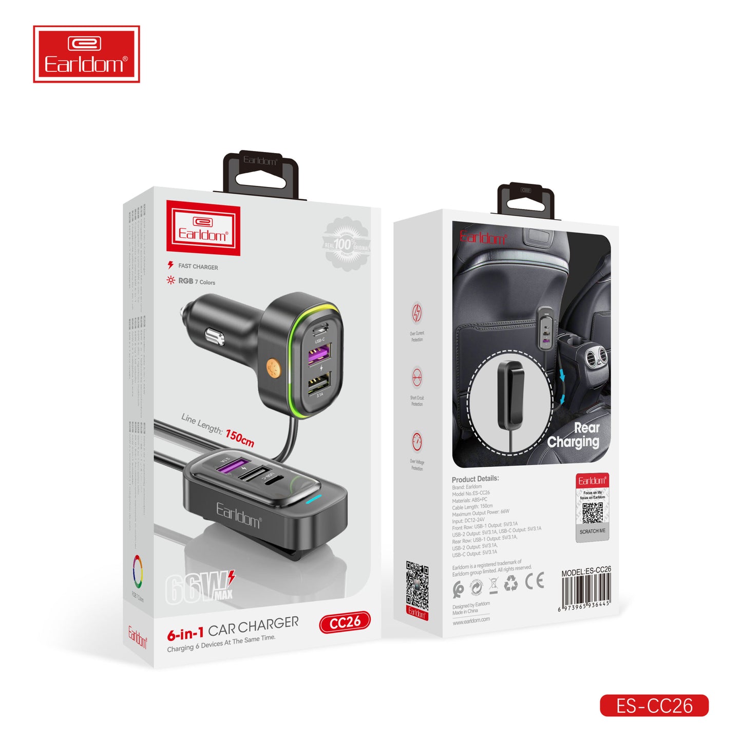 Chargeur de voiture Earldom 6 en 1 150 cm sans câble noir CC26