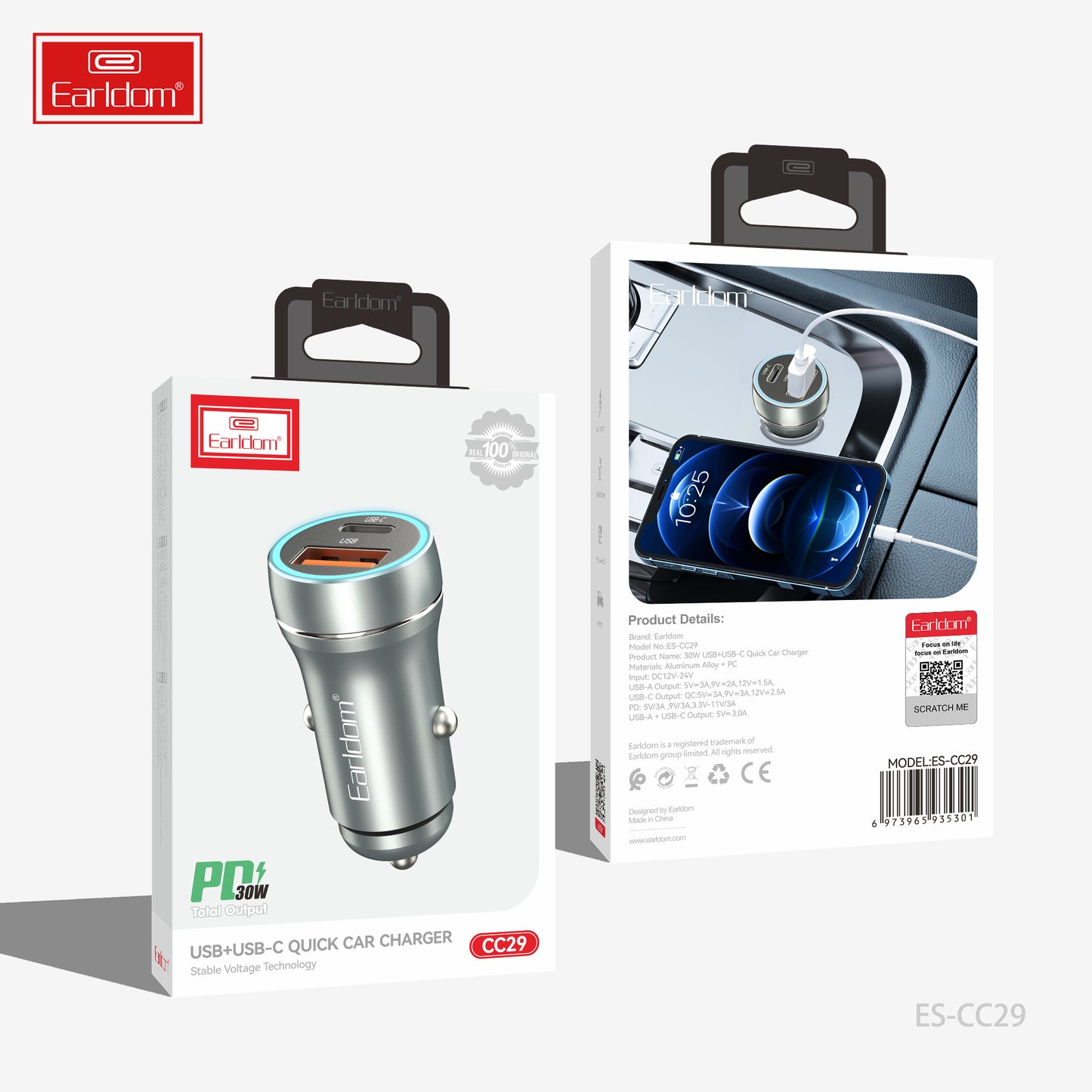Chargeur de voiture rapide Earldom USB+USB-C 30 W gris sans câble CC29