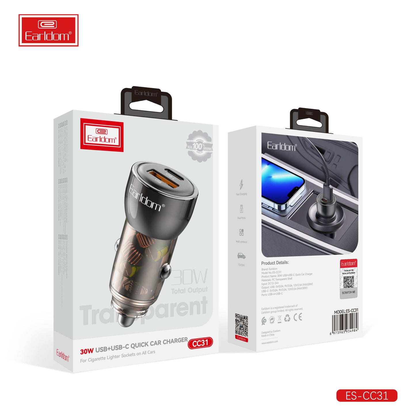 Chargeur de voiture rapide Earldom 30W USB+USB-C noir sans câble CC31