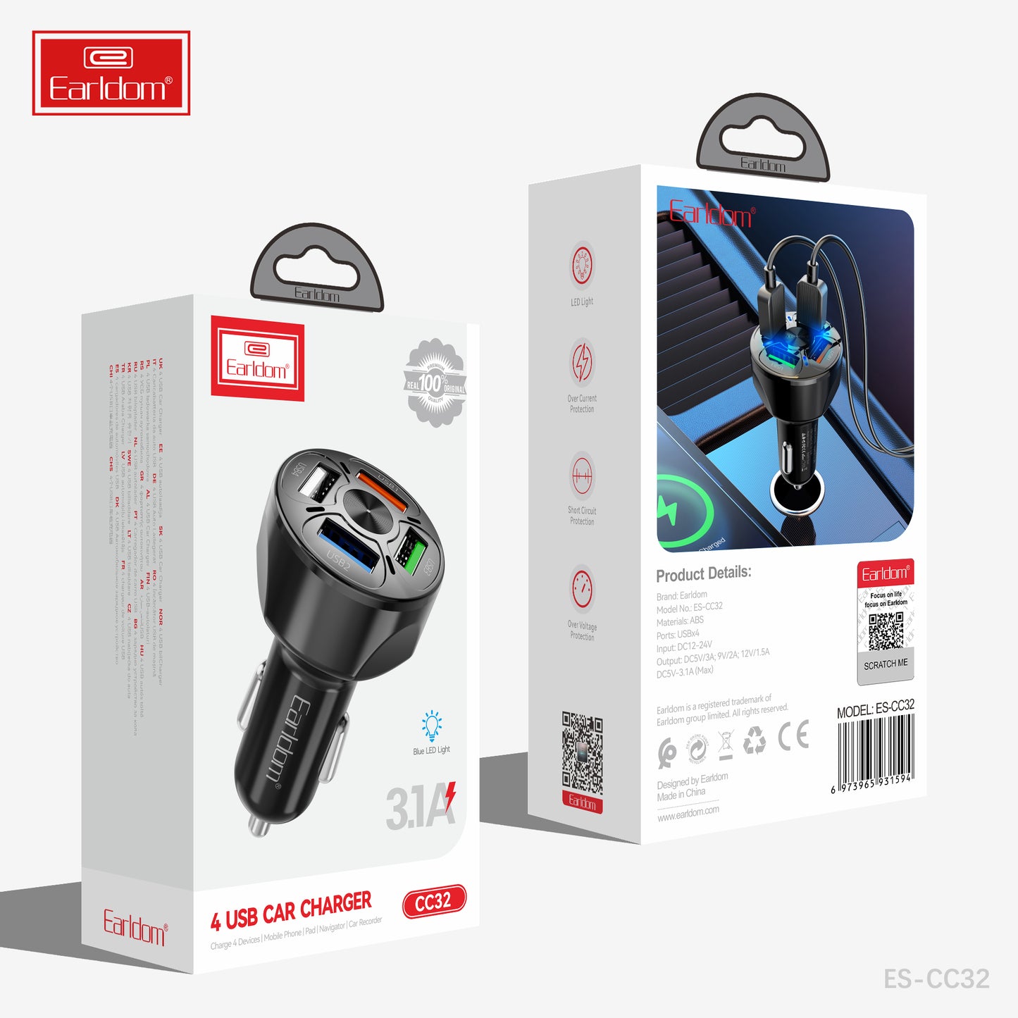 Chargeur de voiture Earldom 4 USB 3,1 A CC32 sans câble noir