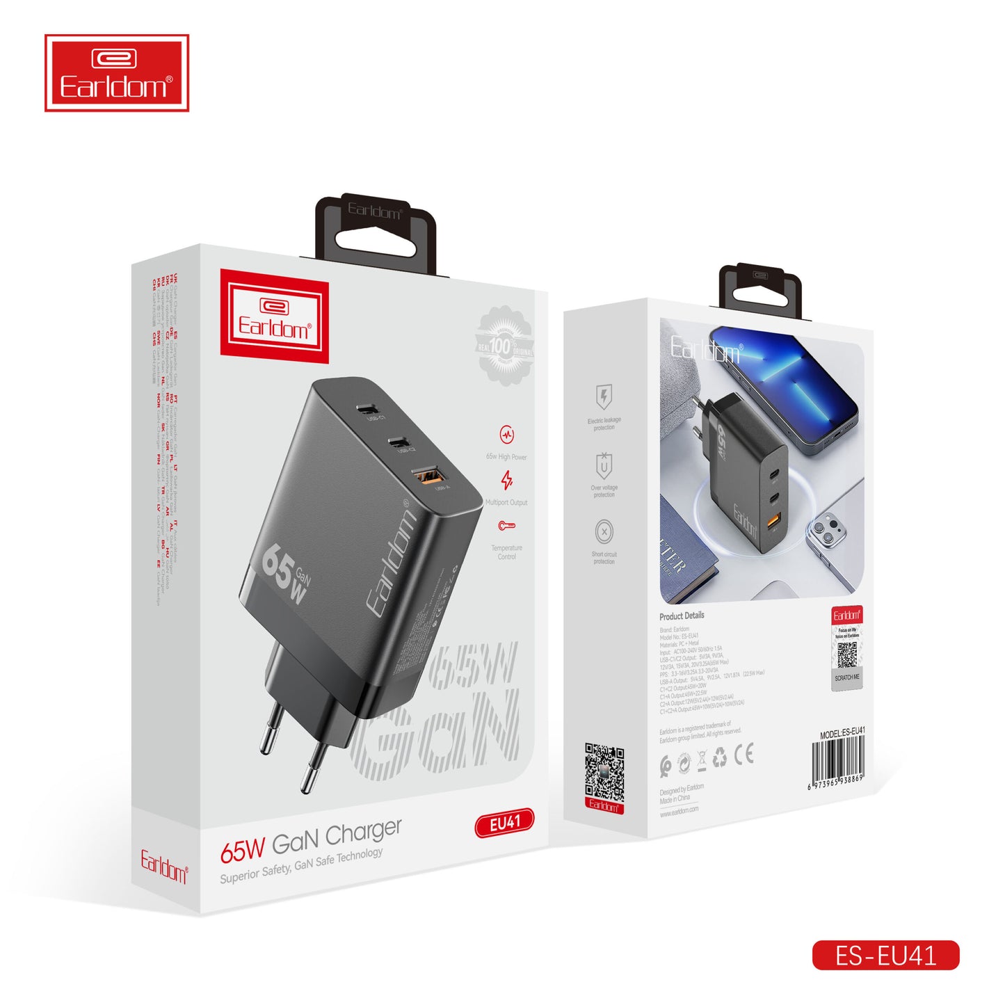 Chargeur Earldom 65W GaN noir sans câble EU41