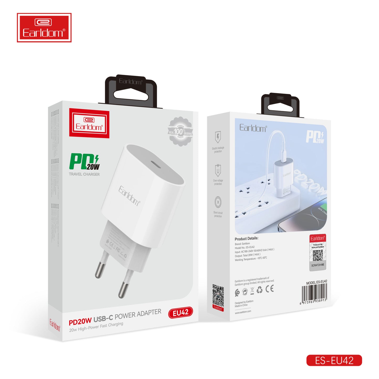 Adaptateur secteur Earldom PD20W USB-C, charge rapide haute puissance, format EU42, blanc, sans câble