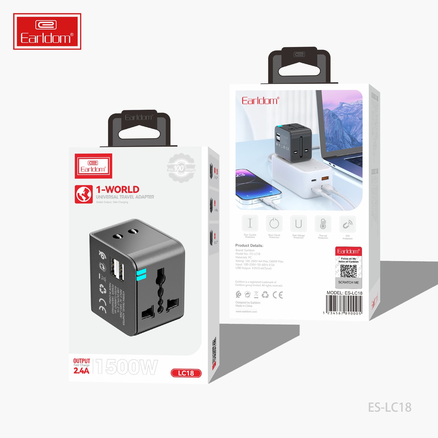 Adaptateur de voyage universel Earldom 1500 W 2,4 A Noir LC18