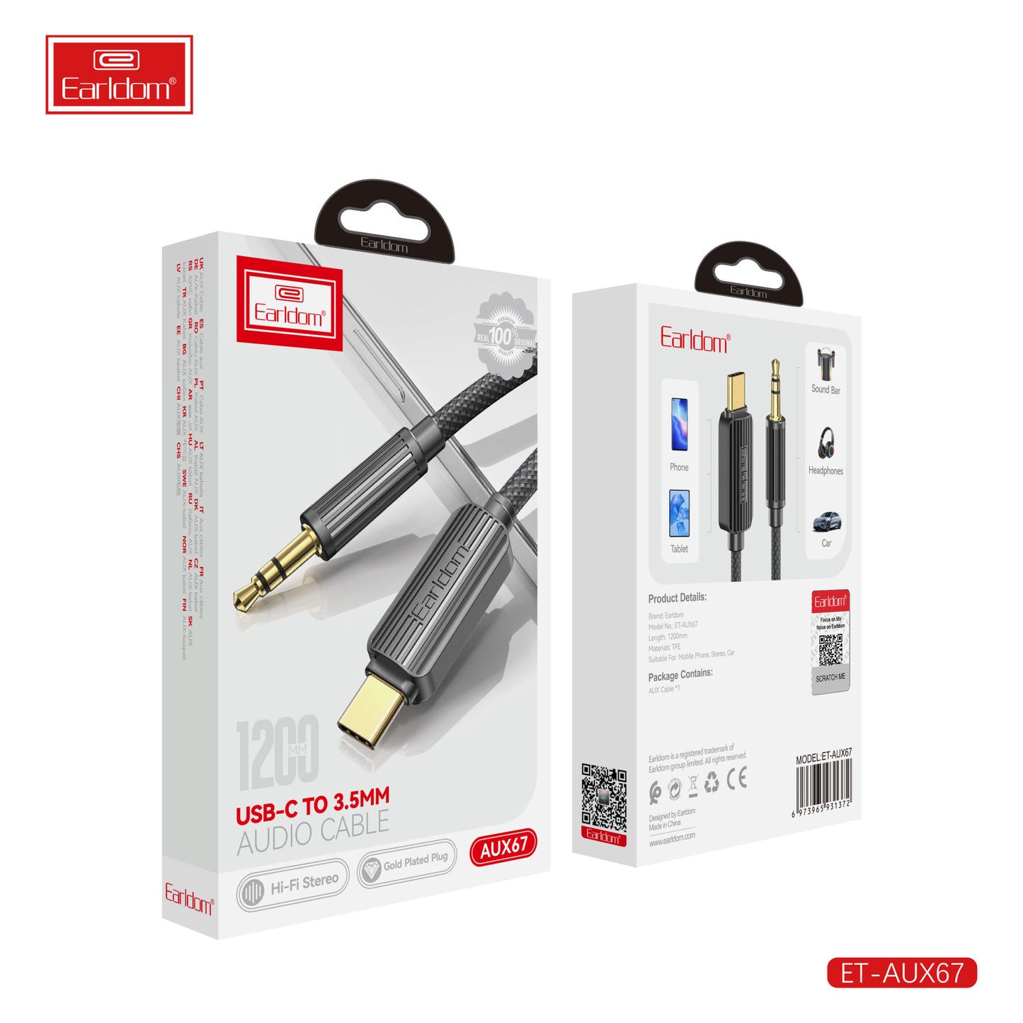 Câble audio Earldom USB-C vers 3,5 mm Noir AUX67