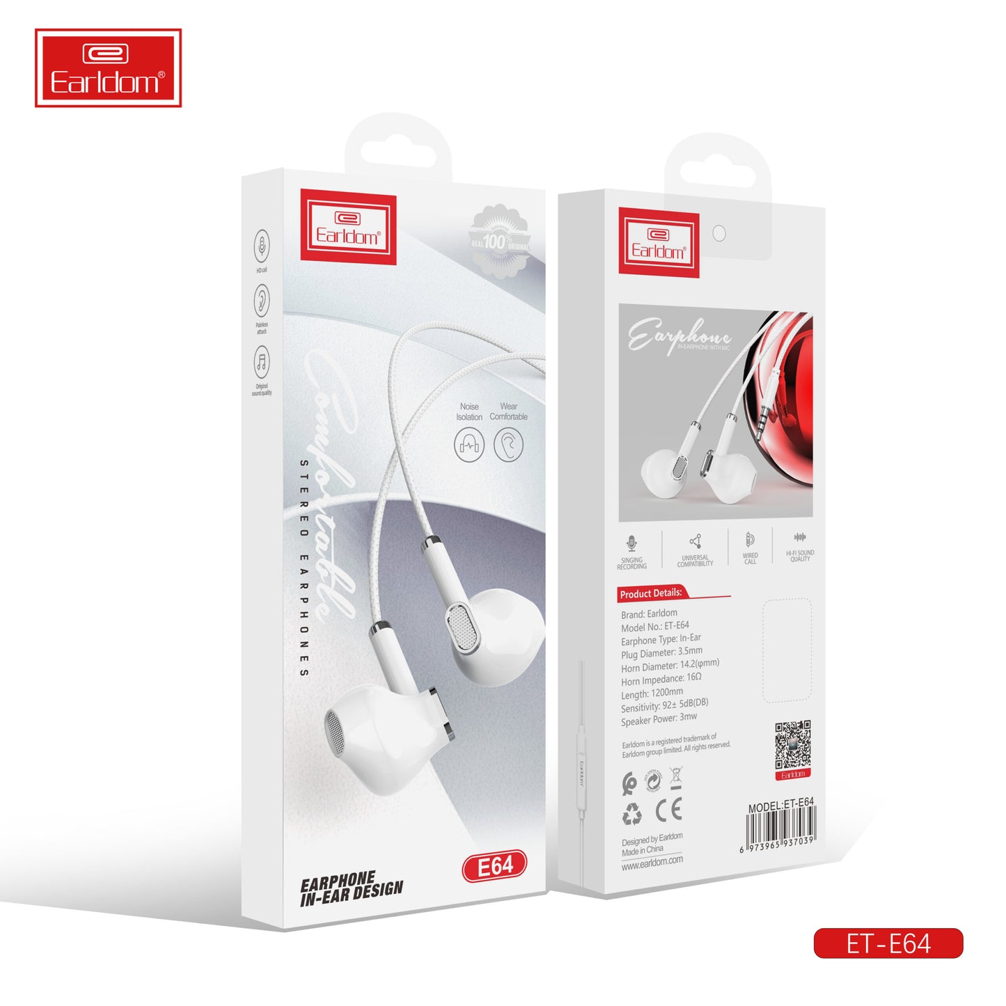 Écouteurs intra-auriculaires Earldom Design 3,5 mm Blanc E64