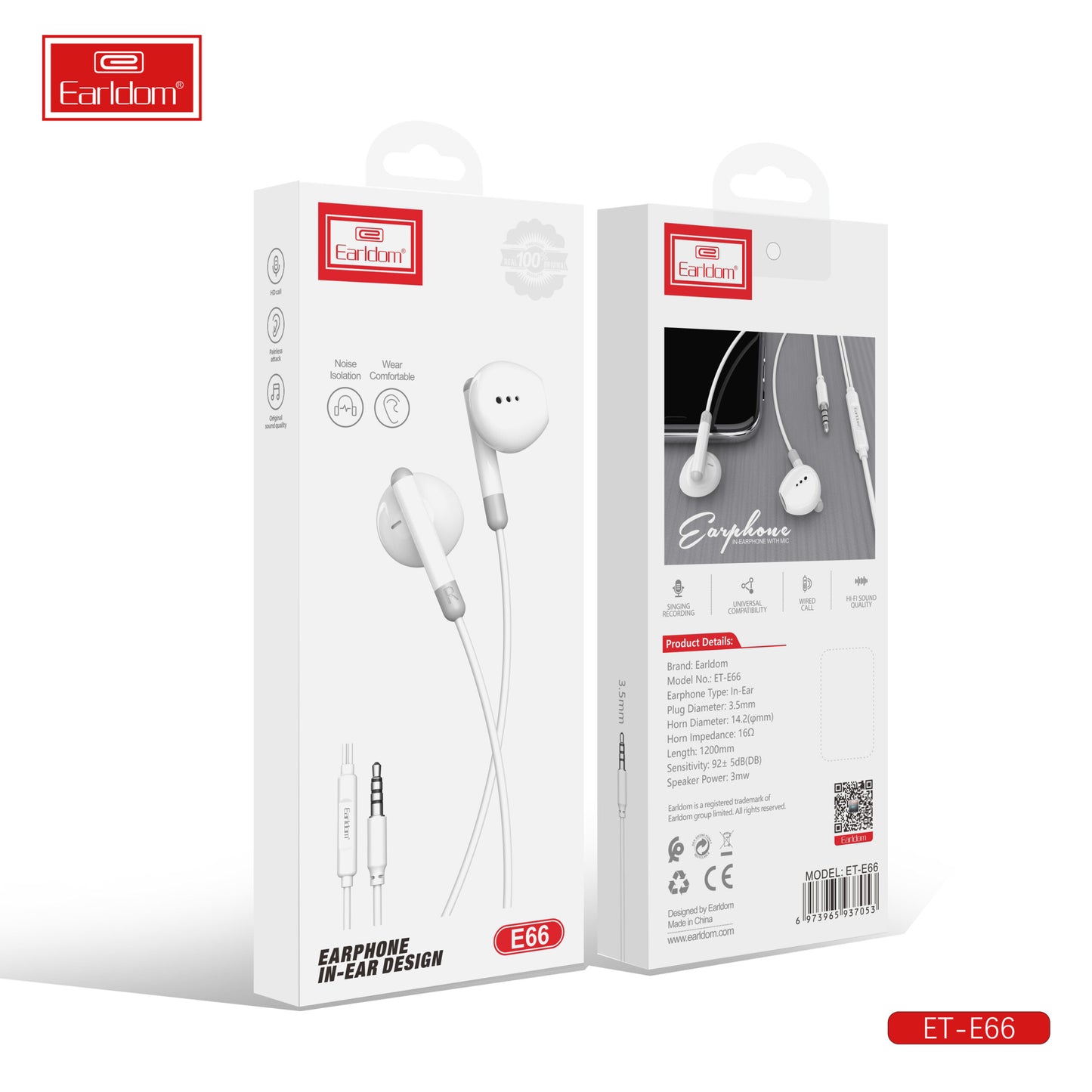 Écouteurs intra-auriculaires Earldom Design 3,5 mm Blanc E66