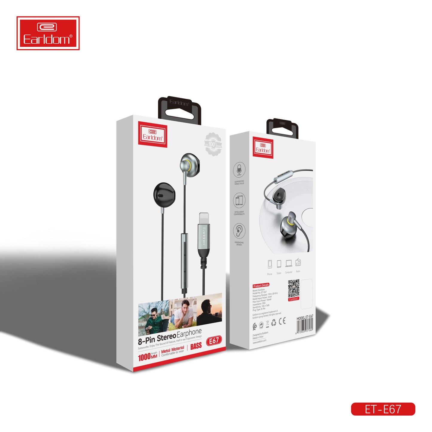 Écouteurs stéréo Earldom 8 broches Gris 1000 mm E67