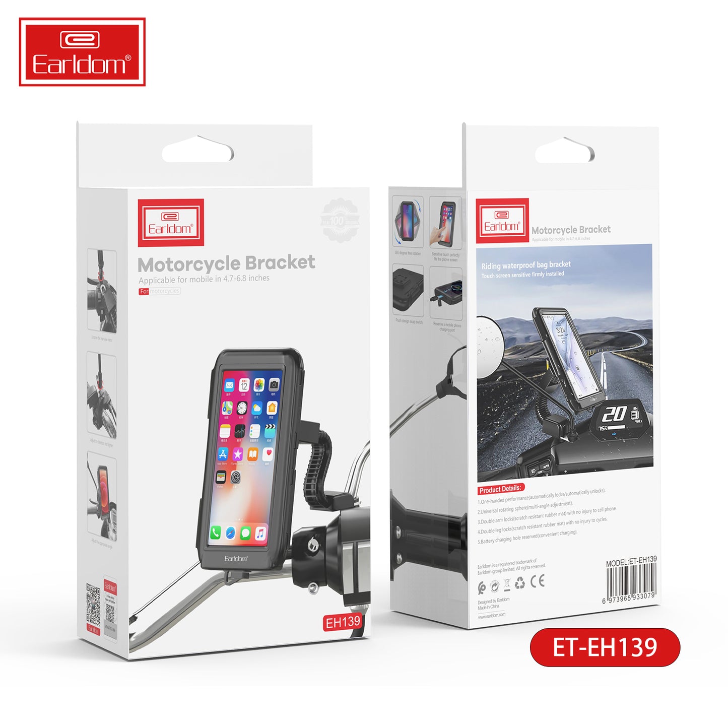 Support de moto Earldom compatible avec les téléphones de 4,7 à 6,8 pouces, noir EH139