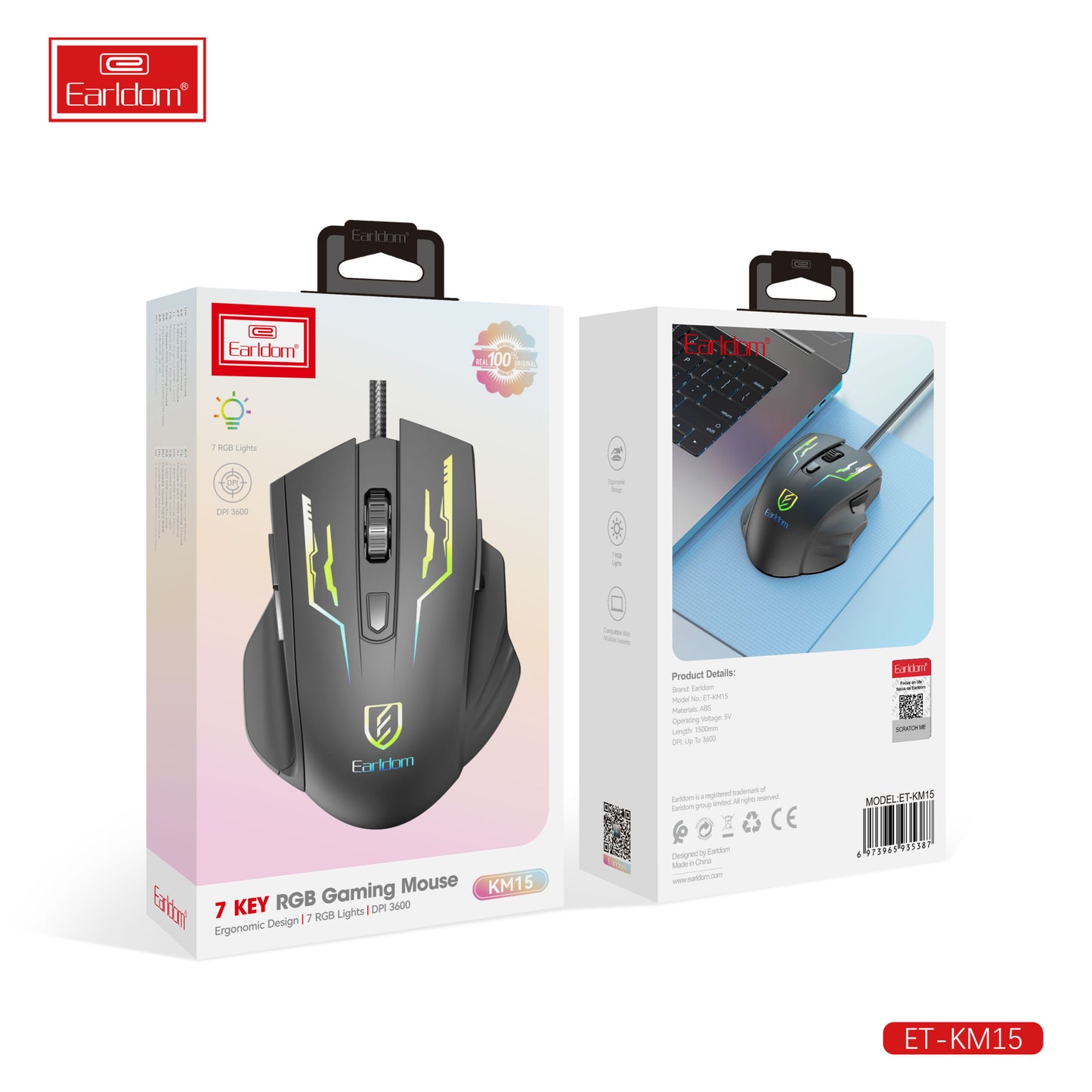Souris gaming Earldom 7 touches RGB, design ergonomique (KM15), noire