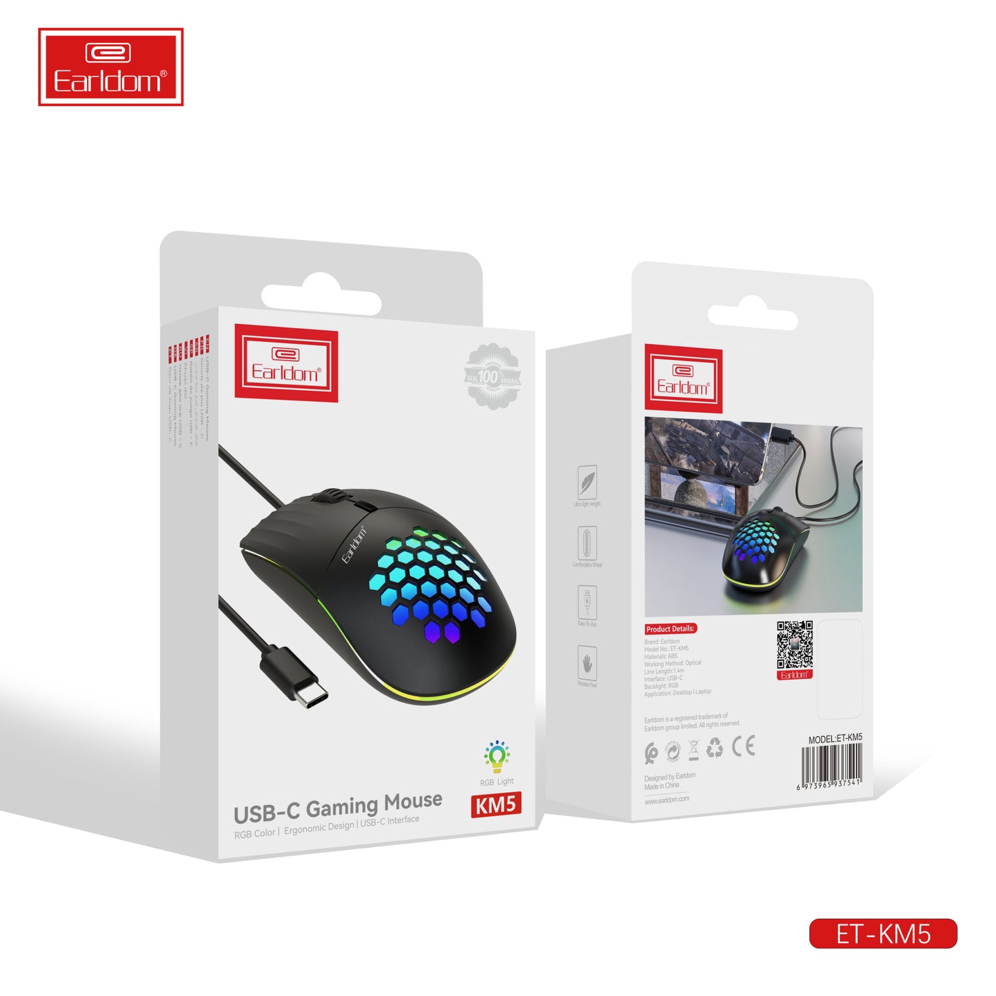Souris gaming Earldom USB-C RGB, design ergonomique (KM5), noire