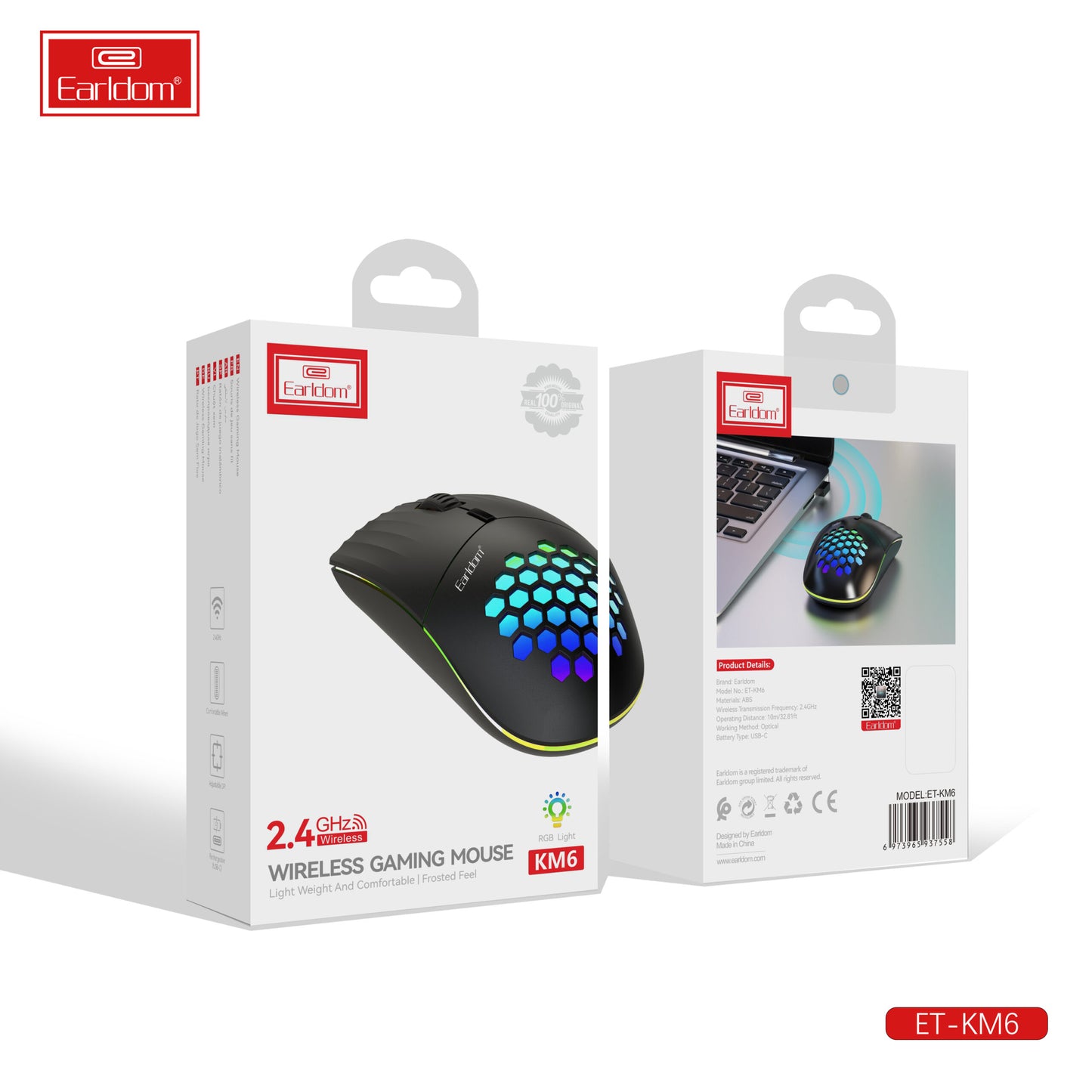 Souris gaming sans fil Earldom 2,4 GHz avec éclairage RGB (KM6) noire