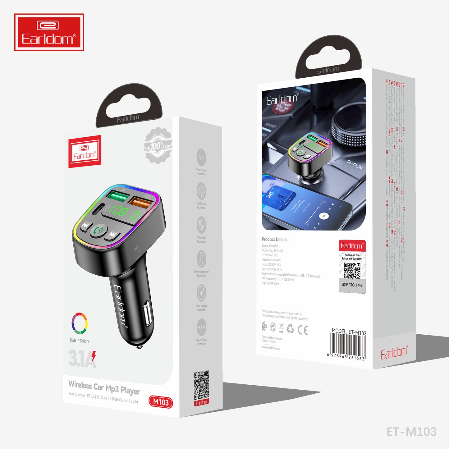 Lecteur MP3 sans fil pour voiture Earldom 3.1A Noir M103