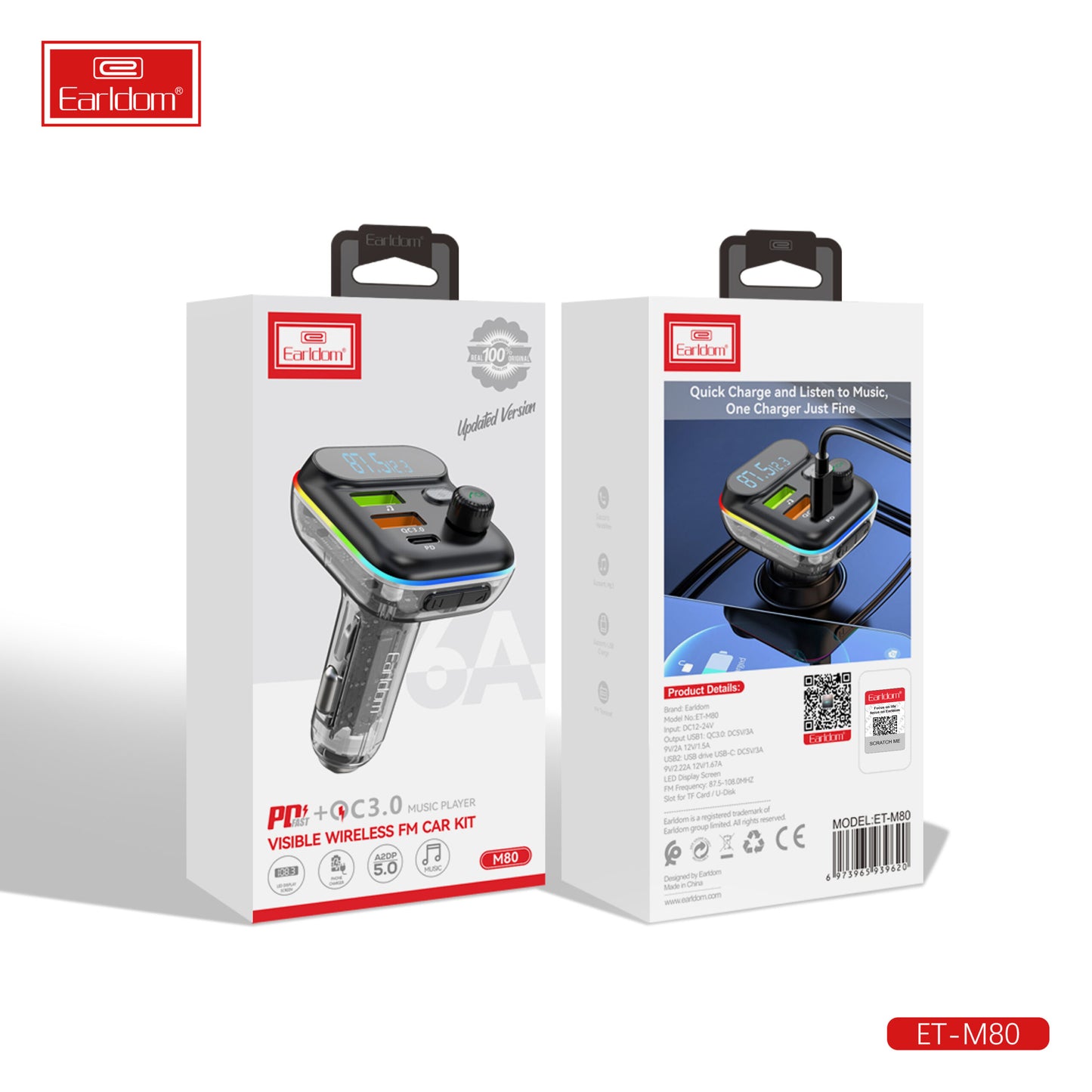 Kit mains libres sans fil FM Earldom Visible pour voiture Clear M80